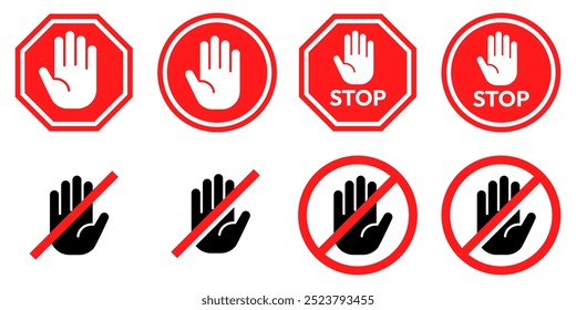 Stop signs set. Red traffic car stop hand signal warning symbol. Do not enter forbidden sticker. Ad block sign. Hazard sign symbol vector illustration isolated on white background.