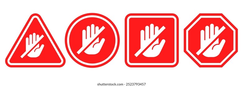 Señales de alto establecidas. Símbolo rojo de la señal de advertencia de la mano de la parada del coche del tráfico. No ingrese la etiqueta prohibida. Signo de bloqueo de anuncios. Ilustración vectorial de símbolo de signo de peligro aislado sobre fondo blanco.