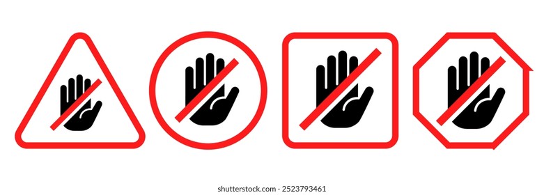 Señales de alto establecidas. Símbolo rojo de la señal de advertencia de la mano de la parada del coche del tráfico. No ingrese la etiqueta prohibida. Signo de bloqueo de anuncios. Ilustración vectorial de símbolo de signo de peligro aislado sobre fondo blanco.