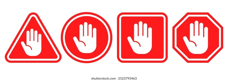 Señales de alto establecidas. Símbolo rojo de la señal de advertencia de la mano de la parada del coche del tráfico. No ingrese la etiqueta prohibida. Signo de bloqueo de anuncios. Ilustración vectorial de símbolo de signo de peligro aislado sobre fondo blanco.