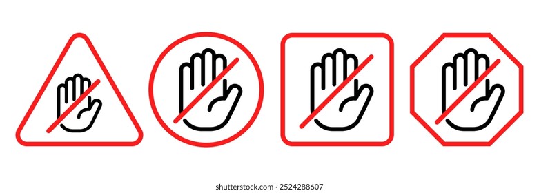 Señales de alto establecidas. Símbolo rojo de la señal de advertencia de la mano de la parada del coche del tráfico. No ingrese la etiqueta prohibida. Signo de bloqueo de anuncios. Ilustración vectorial de símbolo de signo de peligro aislado sobre fondo blanco.