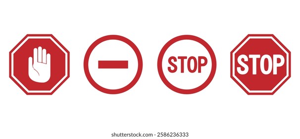 Stop signs set. red traffic car stop hand signal warning symbol. Don't enter forbidden sticker. ad block sign.