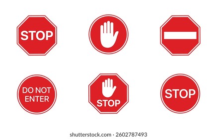 Stop signs set. Red traffic car stop hand signal warning symbol. Do not enter forbidden sticker. Ad block sign. Hazard sign symbol vector illustration isolated on white background.