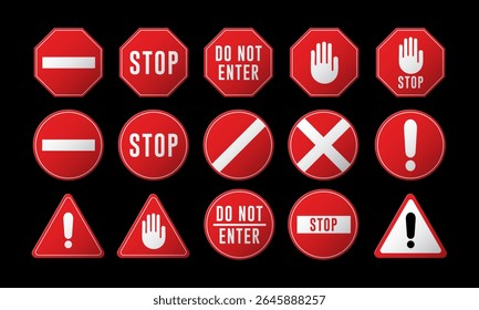 Stop signs set. Red traffic car stop hand signal and warning symbol. Do not enter forbidden warning signs. Blockade sign. Isolated on black background.