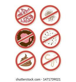 Stop Signs: Tapeworms, Cestodes, Roundworms, Nematodes,louse, Fleas,lice, Lichen, Alopecia. Cartoon Vector Illustration.