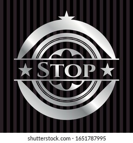 Stop silvery badge. Vector Illustration. Mosaic.