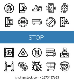 stoppen Sie einfache Symbole gesetzt. Enthält Symbole wie No Alkohol, Video Player, Play Button, Traffic-Zeichen, Obstacle, Bus, Musik-Player, Verboten, kann für Web, Handy und Logo verwendet werden