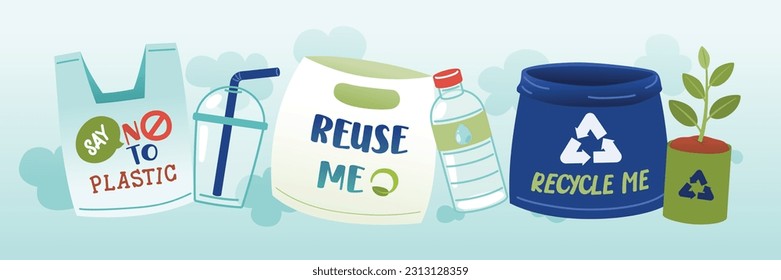 Detener un solo uso Plástico, Internacional, Día libre de bolsas plásticas, Objetos, Vector, Ilustración