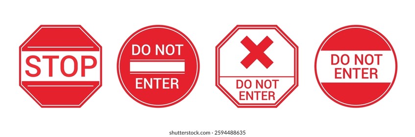 Stop sings icon clipart set. Traffic road red warning clip art with stop, do not enter, no entry and caution signal collection vector illustration. 