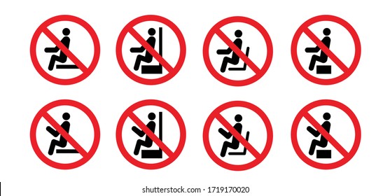 Stop to sit Don't sit here icon Do not seat area Vector seating zone warning sign. Forbid or forbidden seating down icon. Keep distance Social distancing covid. Metre feet. 