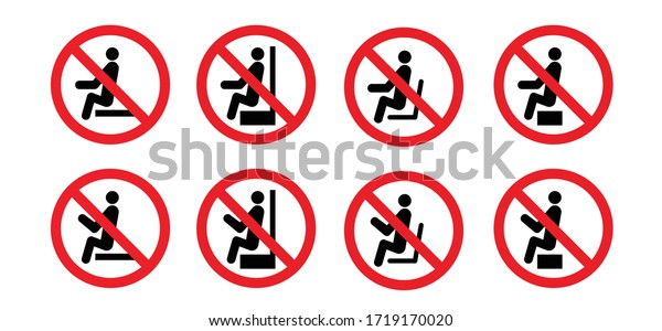 Stop to sit Don\'t\
sit here icon Do not seat area Vector seating zone warning sign.\
Forbid or forbidden seating down icon. Keep distance Social\
distancing covid. Metre feet.\

