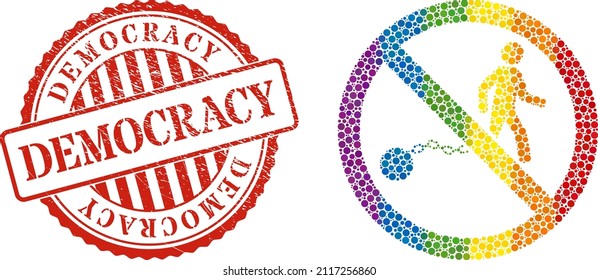 Stop slavery collage icon of round dots in different sizes and rainbow color tones. Red round grunge seal imprint with Democracy title. A dotted LGBT- colored stop slavery for lesbians, gays,