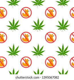 Stop Smoke Cat Creative Weed Leaf Pattern, Cannabis Cartoon Vector