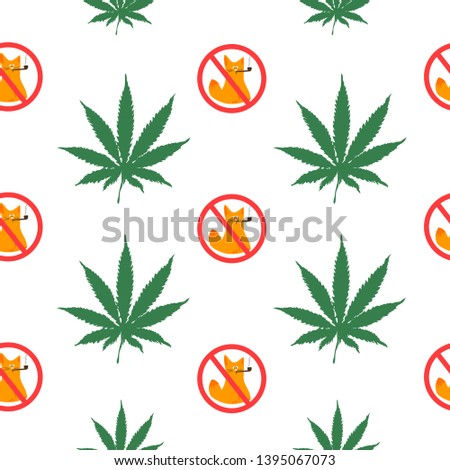 Stop Smoke Cat Creative Weed Leaf Pattern, Cannabis Cartoon Vector