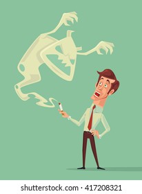 Stop smoke. Nicotine monster attacks. Vector flat cartoon illustration