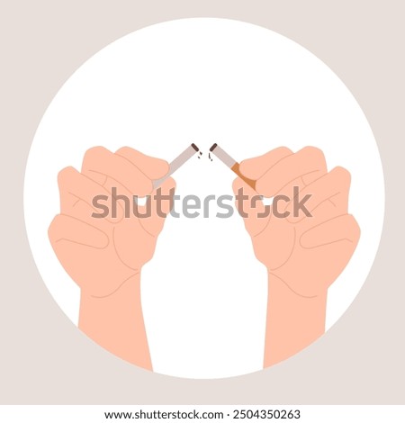 Stop to smoke, quit and win addiction poster design. Hands of smoker break tobacco cigarettes, broken nicotine cigarettes meaning victory over bad habit, pause in smoking cartoon vector illustration