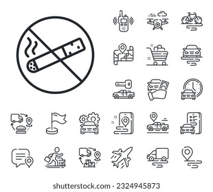 Stop smoke sign. Plane, supply chain and place location outline icons. No smoking line icon. Prohibit cigarette symbol. No smoking line sign. Taxi transport, rent a bike icon. Travel map. Vector