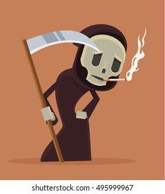 Stop smoke. Smoking death character. Vector flat cartoon illustration