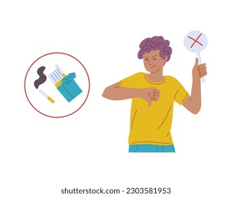 Stop smoking addiction with man refusing offered cigarettes, flat vector illustration isolated on white background. Quitting smoking and choosing healthy lifestyle.