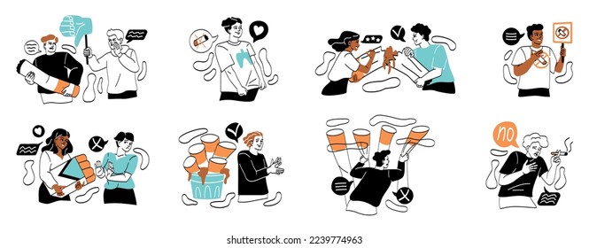 Stop smoking and avoid nicotine addiction. Set of men and women breaking cigarettes. Smoking characters refuse bad habits and tobacco and purify lungs. Cartoon flat vector collection isolated on white