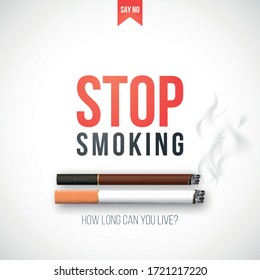 Stop smoking banner with 3D realistic cigarettes, smoke and warning text. Stop smoking vector illustration.