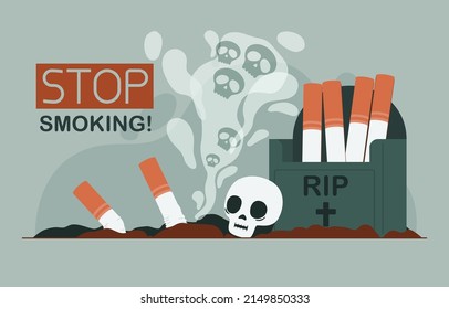 Stop Smoking Banner Poster Design With Headstone, Tobacco And Skull, Vector, Illustration