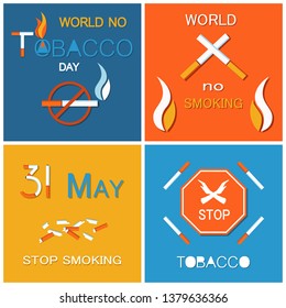 Stop smoking banners forbidden harmful habit, vector illustration with cigarettes and matches, unhealthy addiction, broken cigars and stop sign. World no tobacco day