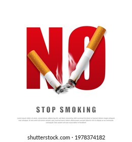 Stop smoking campaign illustration no cigarette for health broken cigarettes and ashes