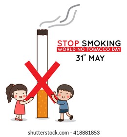 Stop smoking cartoon of a boy and a girl protesting against cigarette for World no tobacco day.  Vector Illustration.