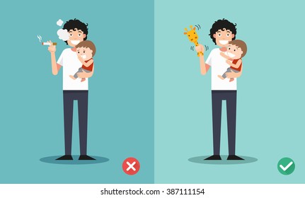 Stop smoking for children, wrong and right for no smoking .vector illustration.