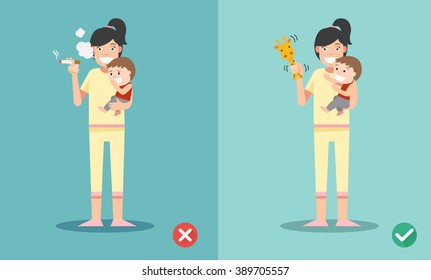 Stop smoking for children, wrong and right for no smoking .vector illustration.