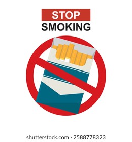 Stop smoking, cigarette pack in forbidden red circle. No smoking day, quit smoking icon isolated on white background. Stop unhealthy habit or addiction. flat vector illustration