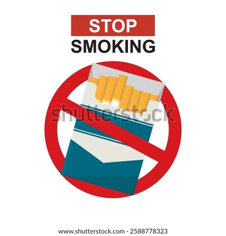 Stop smoking, cigarette pack in forbidden red circle. No smoking day, quit smoking icon isolated on white background. Stop unhealthy habit or addiction. flat vector illustration