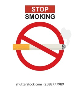 Stop smoking, cigarette in prohibition red circle. No smoking day, quit smoking icon isolated on white background. Stop unhealthy habit or addiction. flat vector illustration