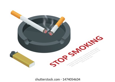 Stop smoking cigarettes concept. No Smoking including electronic cigarettes isometric illustration