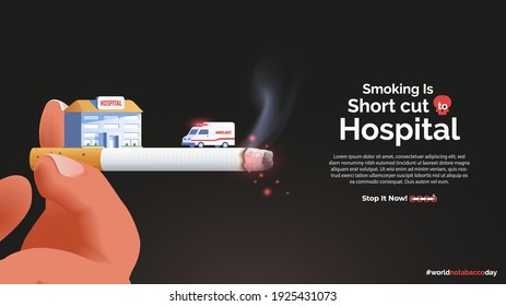 Stop smoking cigarettes poster illustration. Close up finger with cigarette and ambulance to the hospital. May 31st world no tabacco day vector illustration