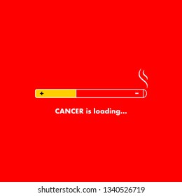 Stop smoking concept advertisement, cigarette burning as cancer loading bar, vector. Red background