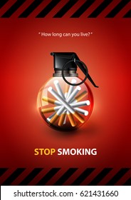 Stop smoking concept advertisement, cigarette tobacco in form of hand grenade bomb concept, vector illustration