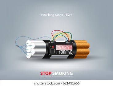 Stop smoking concept advertisement, cigarette tobacco as time bomb, vector illustration