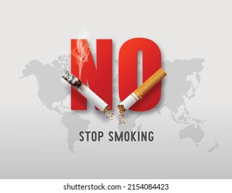 Stop smoking concept with bold NO text and broken cigarette over global map.