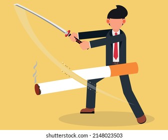 Stop smoking concept. businessman cutting a cigarette with a sword