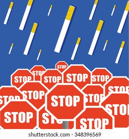 Stop smoking concept with filter cigarettes dropping like bombs from a blue sky above red and white traffic stop signs
