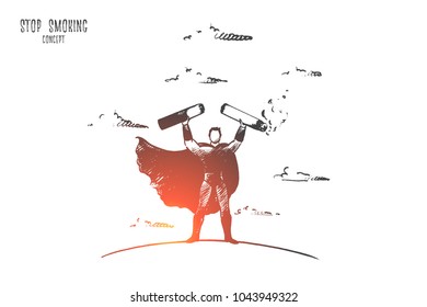 Stop smoking concept. Hand drawn superhero broking cigarette. Stop unhealthy habits isolated vector illustration.