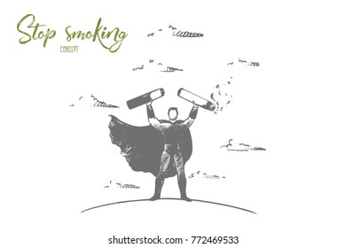 Stop smoking concept. Hand drawn superhero broking cigarette. Stop unhealthy habits isolated vector illustration.