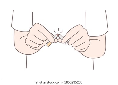 Stop smoking concept. Hands or man smoker holding and cutting cigarette to prevent smoking. Healthy lifestyle, bad habit, cancer, nicotine, addiction concept 