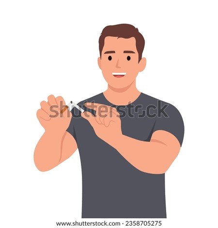 Stop smoking concept. Hands or man smoker holding and cutting cigarette to prevent smoking. Flat vector illustration isolated on white background