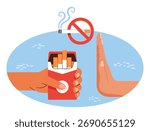 Stop smoking concept vector illustration hand refusing cigarettes motivational banner or poster perfect for health care active lifestyle and strong mentality