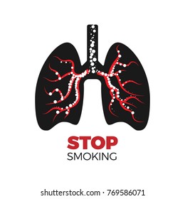 Stop smoking concept. Vector illustration of lungs silhouette with damaged bronchi, filled with round-shaped smoke. Isolated on white background.