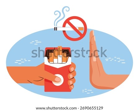 Stop smoking concept vector illustration hand refusing cigarettes motivational banner or poster perfect for health care active lifestyle and strong mentality