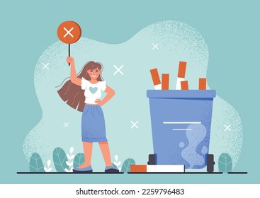 Stop smoking concept. Woman near trash can with discarded cigarettes. Fight bad habits and take care of your health. Young girl gave up smoking. Nicotine rejection. Cartoon flat vector illustration